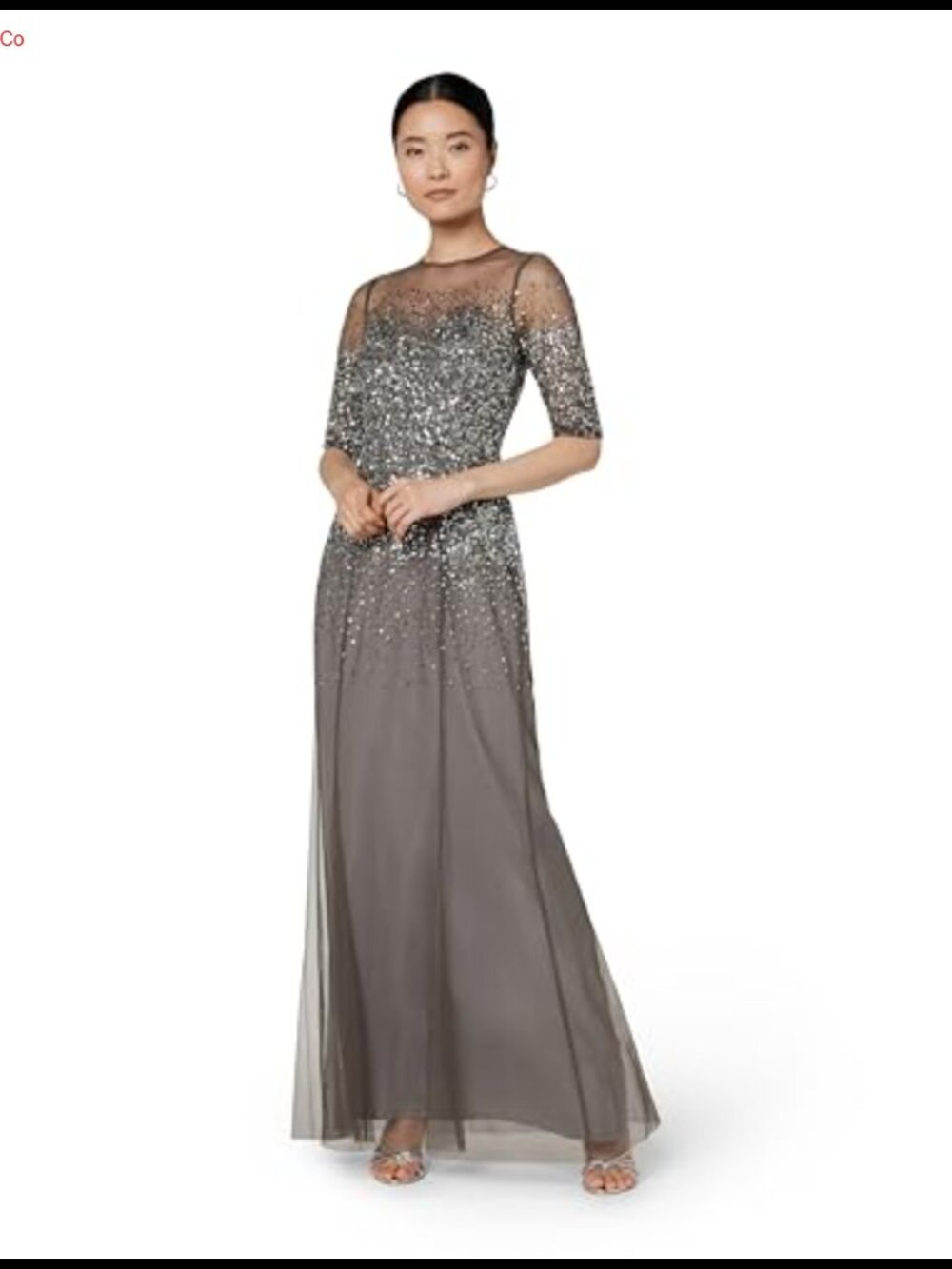 Adrianna Papell Beaded Illusion Gown Sweetheart Neckline 3/4 Sleeve Evening